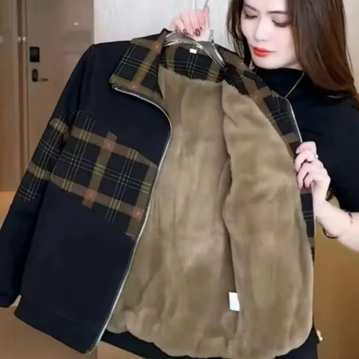 Kratka jakna s flis podstavom, poliester tkanina, prugasto mrežasti uzorak, slobodan kroj