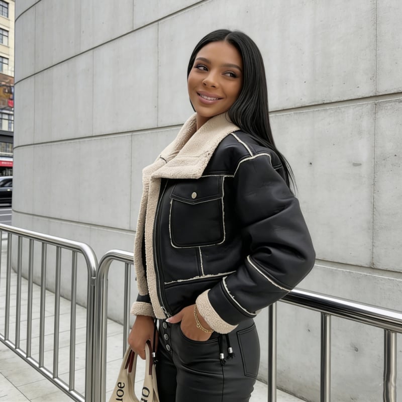 Женско PU кожено мотоциклетно яке с подплата от агнешова вълна, тясна кройка, лацкан яка и цип
