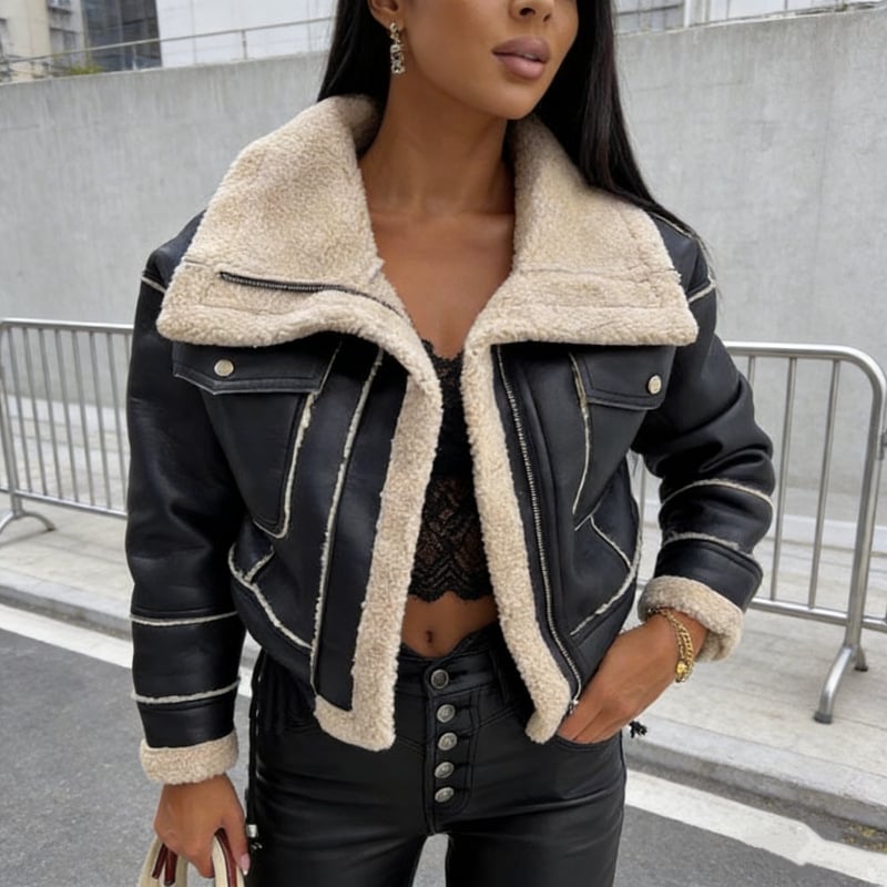 Женско PU кожено мотоциклетно яке с подплата от агнешова вълна, тясна кройка, лацкан яка и цип