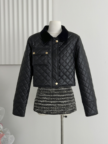 PU кожено яке със шевове в квадрати и велур панели, къс модел, елегантен градски стил, есен 2025