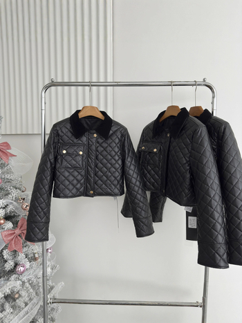 PU кожено яке със шевове в квадрати и велур панели, къс модел, елегантен градски стил, есен 2025