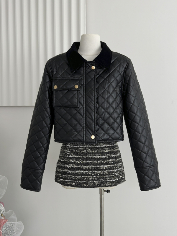 PU кожено яке със шевове в квадрати и велур панели, къс модел, елегантен градски стил, есен 2025