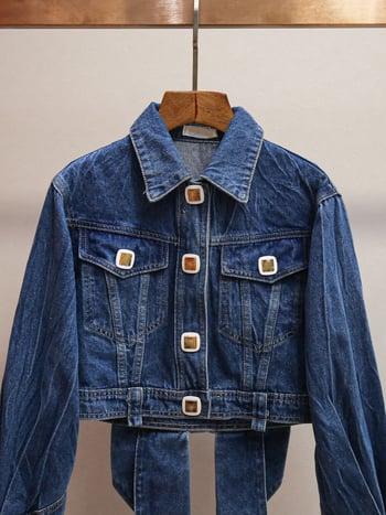 Kratka traper jakna s mašnicom, elegantan gradski stil, dugi rukavi, ovratnik s reverom, proljeće 2025, 95%+ glavna tkanina