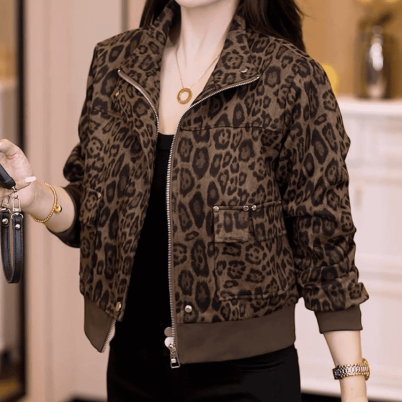 Палто с леопардов принт, дълги ръкави, цип, Chenille плат с еластан под 30%, Пролет 2025