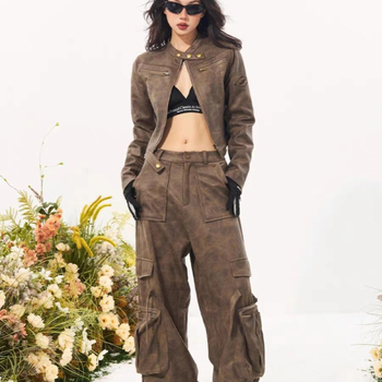 Női szuede motoros kabát álló gallérral, karcsú szabás, cipzár, őszi 2024