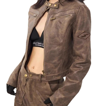 Női szuede motoros kabát álló gallérral, karcsú szabás, cipzár, őszi 2024