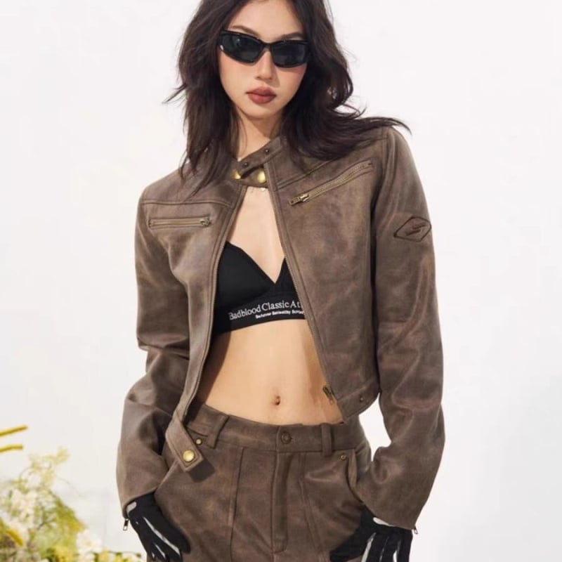 Női szuede motoros kabát álló gallérral, karcsú szabás, cipzár, őszi 2024