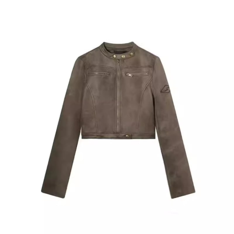 Női szuede motoros kabát álló gallérral, karcsú szabás, cipzár, őszi 2024