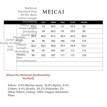Meicai ženska jakna od vunenog tweed materijala, ravni kroj, okrugli ovratnik, dugi rukavi, normalna duljina (50–65 cm)