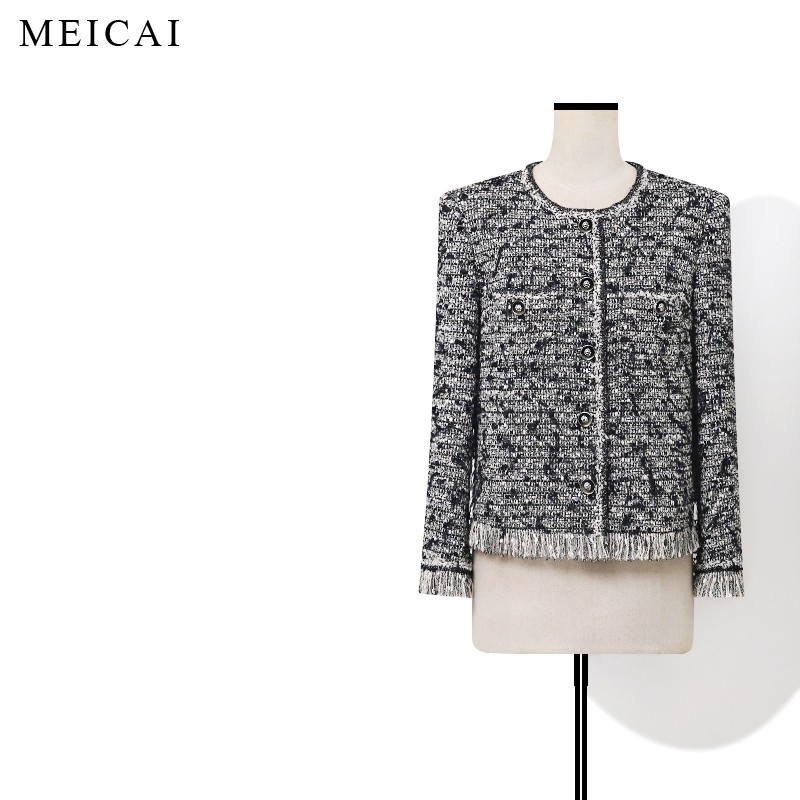 Meicai ženska jakna od vunenog tweed materijala, ravni kroj, okrugli ovratnik, dugi rukavi, normalna duljina (50–65 cm)