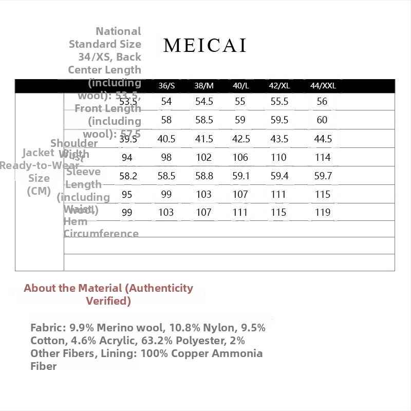 Meicai ženska jakna od vunenog tweed materijala, ravni kroj, okrugli ovratnik, dugi rukavi, normalna duljina (50–65 cm)