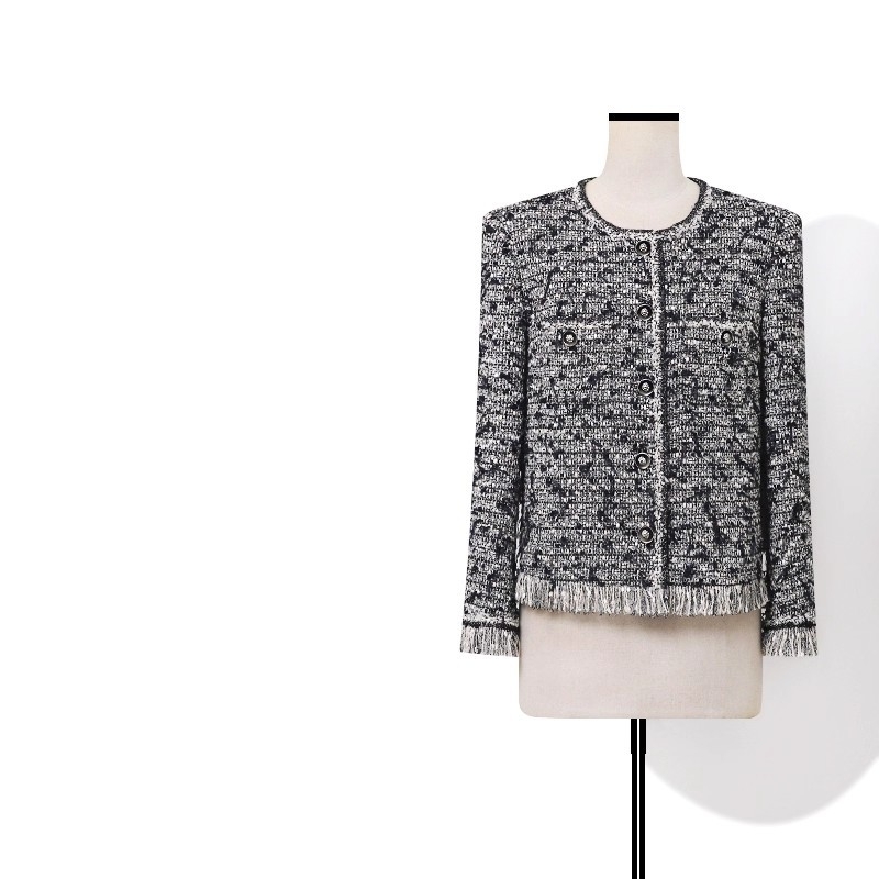 Meicai ženska jakna od vunenog tweed materijala, ravni kroj, okrugli ovratnik, dugi rukavi, normalna duljina (50–65 cm)