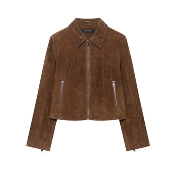 Suede jakna – Regularni kroj, ovratnik s reverom, frontni zip, dugi rukavi, kratki kroj, 95% poliester, jesen 2025 gradski stil