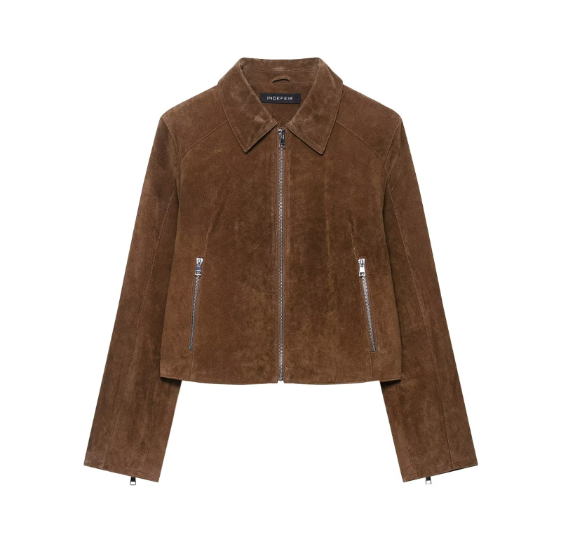 Suede jakna – Regularni kroj, ovratnik s reverom, frontni zip, dugi rukavi, kratki kroj, 95% poliester, jesen 2025 gradski stil