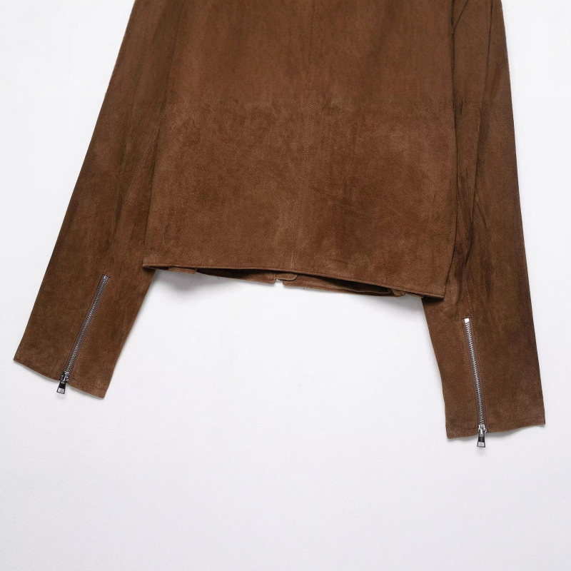 Suede jakna – Regularni kroj, ovratnik s reverom, frontni zip, dugi rukavi, kratki kroj, 95% poliester, jesen 2025 gradski stil