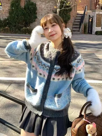 Retro plavi jacquard Fair Isle kratki džemper za žene, slatko pleteni kardigan jakna za zimu