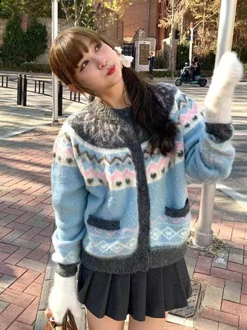 Retro plavi jacquard Fair Isle kratki džemper za žene, slatko pleteni kardigan jakna za zimu
