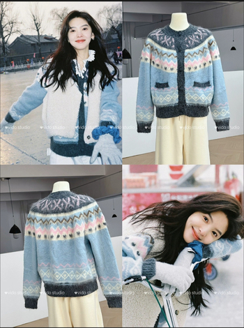 Retro plavi jacquard Fair Isle kratki džemper za žene, slatko pleteni kardigan jakna za zimu