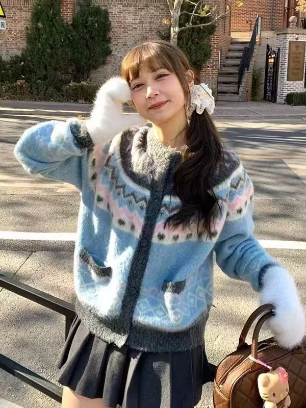 Retro plavi jacquard Fair Isle kratki džemper za žene, slatko pleteni kardigan jakna za zimu