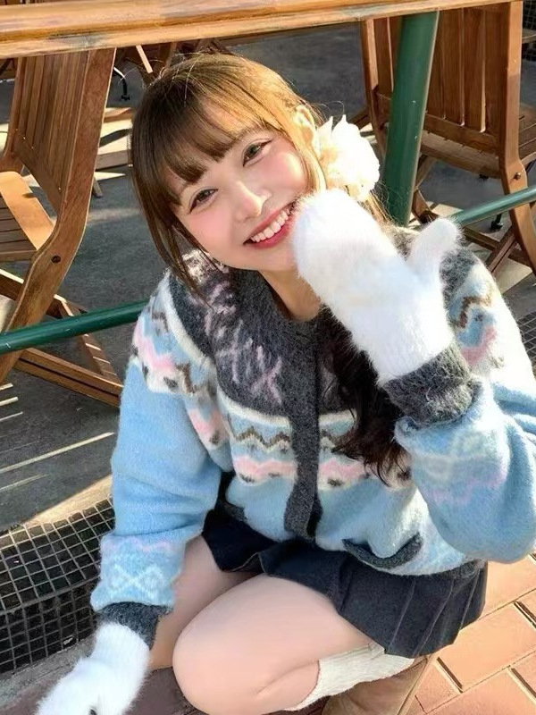 Retro plavi jacquard Fair Isle kratki džemper za žene, slatko pleteni kardigan jakna za zimu