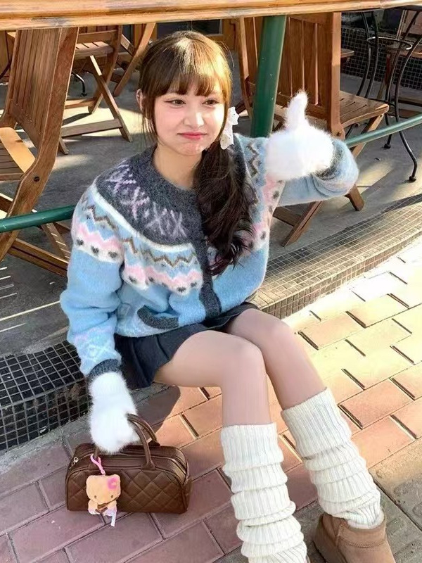 Retro plavi jacquard Fair Isle kratki džemper za žene, slatko pleteni kardigan jakna za zimu