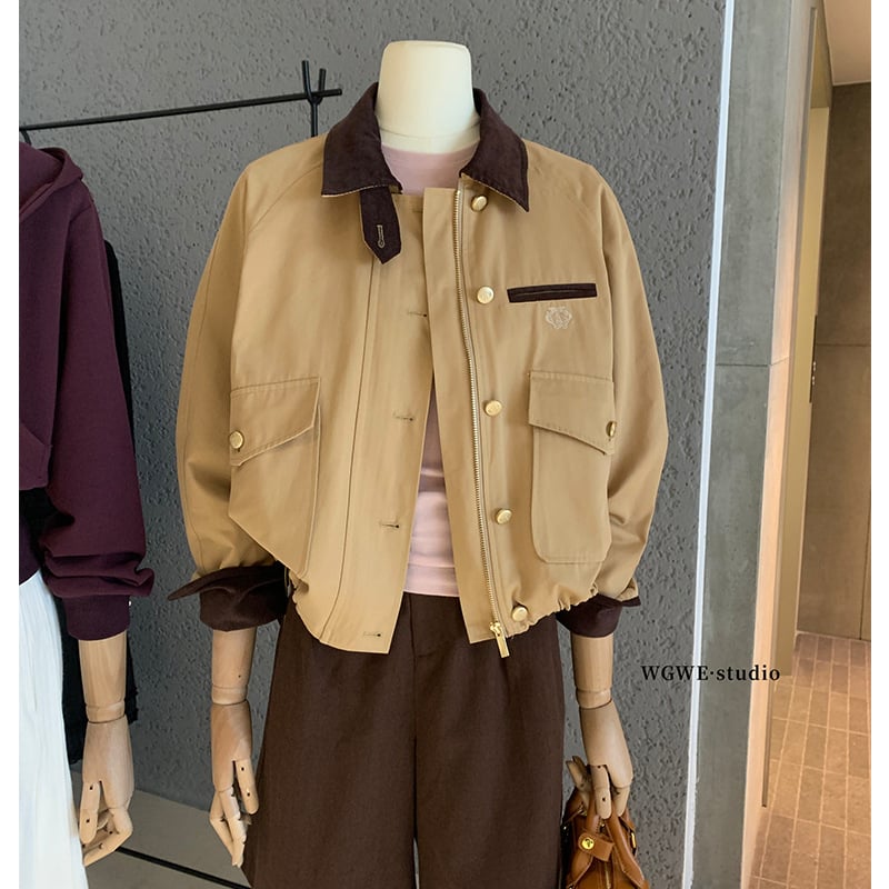 WGWE Ženska pamučna jakna s ovratnikom tip lapel, zatvaračem, kratka dužina, minimalistički japansko-korejski stil