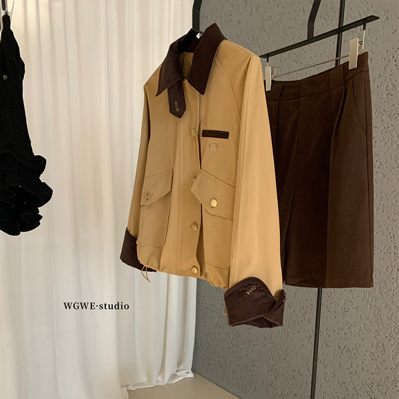 WGWE Ženska pamučna jakna s ovratnikom tip lapel, zatvaračem, kratka dužina, minimalistički japansko-korejski stil