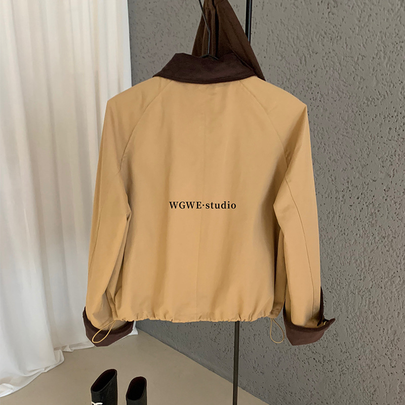 WGWE Ženska pamučna jakna s ovratnikom tip lapel, zatvaračem, kratka dužina, minimalistički japansko-korejski stil