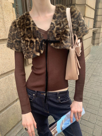 Leopard uzorak bez rukava jakna s V-izrezom, poliester, otporna na nabor, jesen 2025