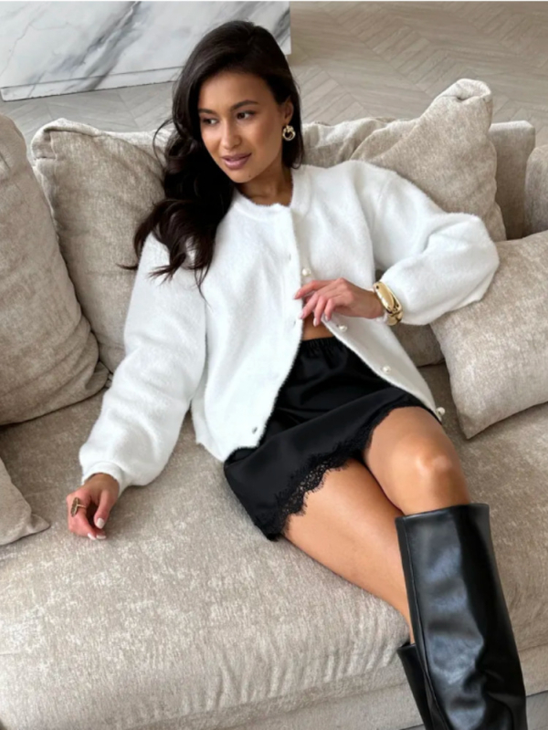 Női kötött kardigán, hosszú ujjú, kerek nyakú, casual stílus, imitációs Mink velúr anyag, poliészter és nylon összetétel, hossz 50-65 cm