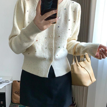 Cardigan pulover s okruglim izrezom, poliestersko pletenje, gumb na jednom redu, standardna duljina (50–65 cm)