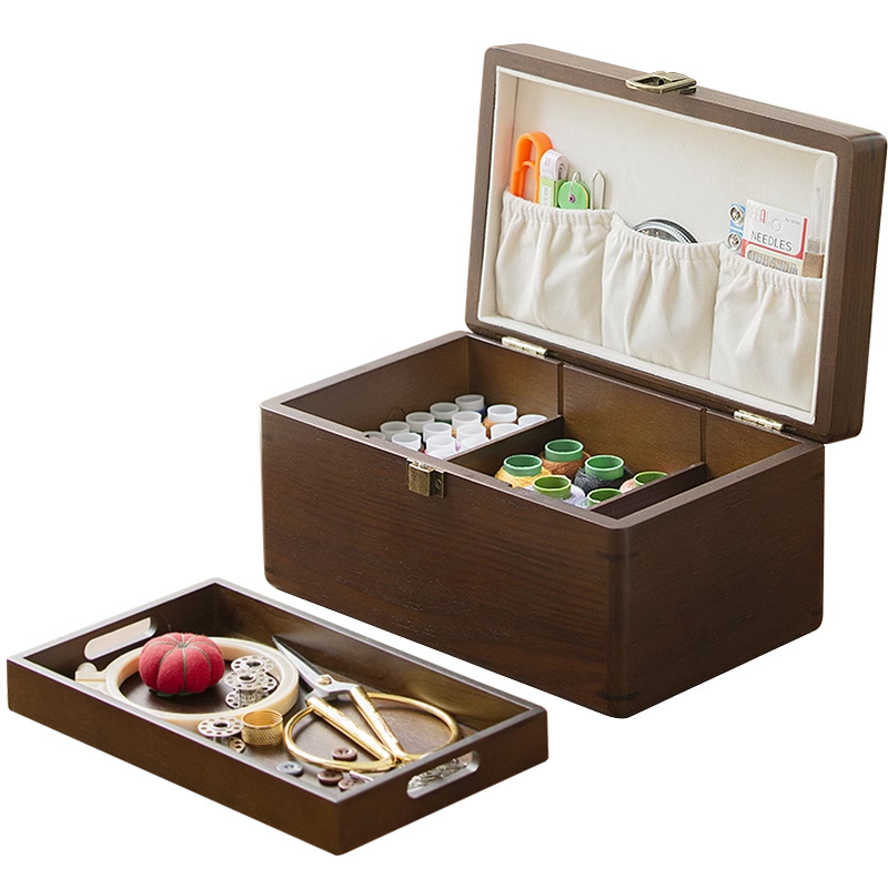 Fából készült varrótartó doboz háztartási készlettel és szerszámtároló rekesszel, kiváló minőségű, 0.91 kg bruttó tömeg