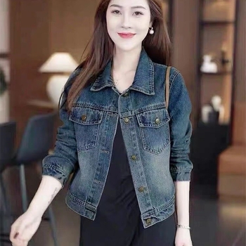 Női denim dzseki polo gallérral, hosszú ujjú, rövid szabású, poliészter-elasztán keverék – 2025 tavasz