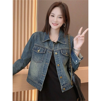 Női denim dzseki polo gallérral, hosszú ujjú, rövid szabású, poliészter-elasztán keverék – 2025 tavasz