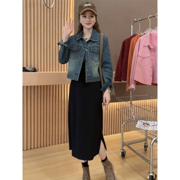 Női denim dzseki polo gallérral, hosszú ujjú, rövid szabású, poliészter-elasztán keverék – 2025 tavasz