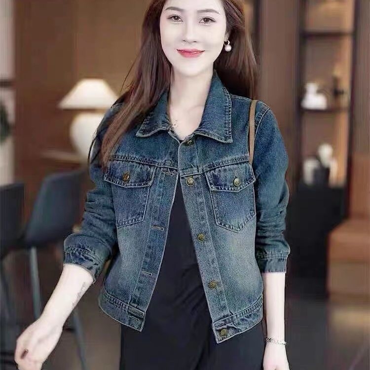 Női denim dzseki polo gallérral, hosszú ujjú, rövid szabású, poliészter-elasztán keverék – 2025 tavasz