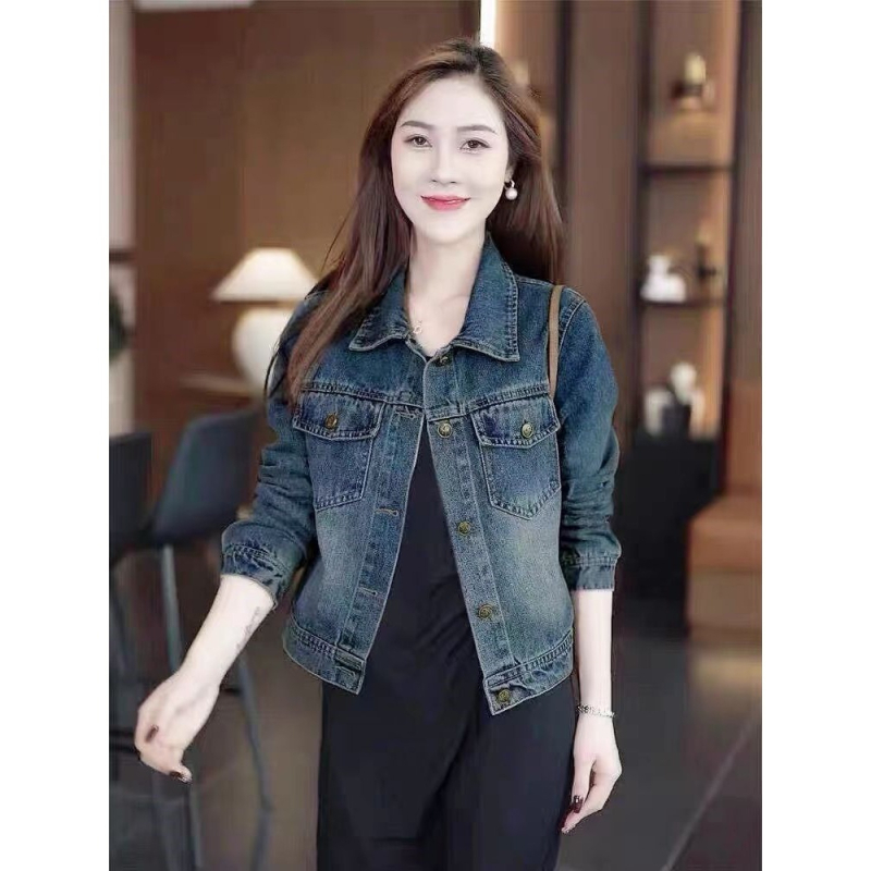 Női denim dzseki polo gallérral, hosszú ujjú, rövid szabású, poliészter-elasztán keverék – 2025 tavasz