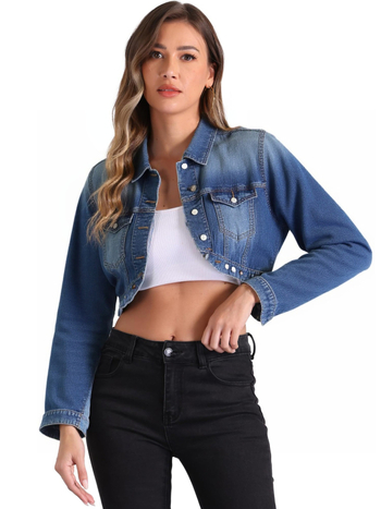 Rövid fazonú farmer dzseki galléros, hosszú ujjú, pamut denim anyag, utcai hipster stílus