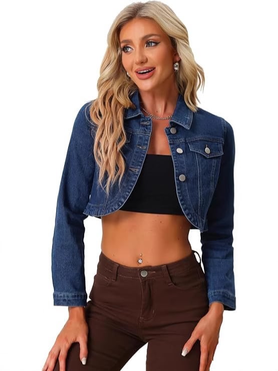 Rövid fazonú farmer dzseki galléros, hosszú ujjú, pamut denim anyag, utcai hipster stílus