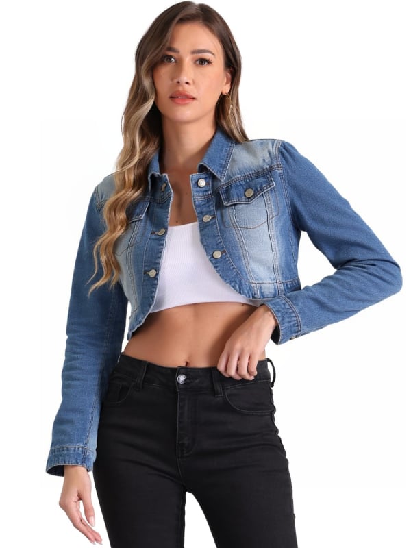 Rövid fazonú farmer dzseki galléros, hosszú ujjú, pamut denim anyag, utcai hipster stílus