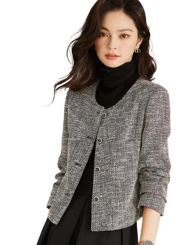 Ženski tweed sako, polo ovratnik, ravni kroj, duljina 50-65 cm, jesen 2025