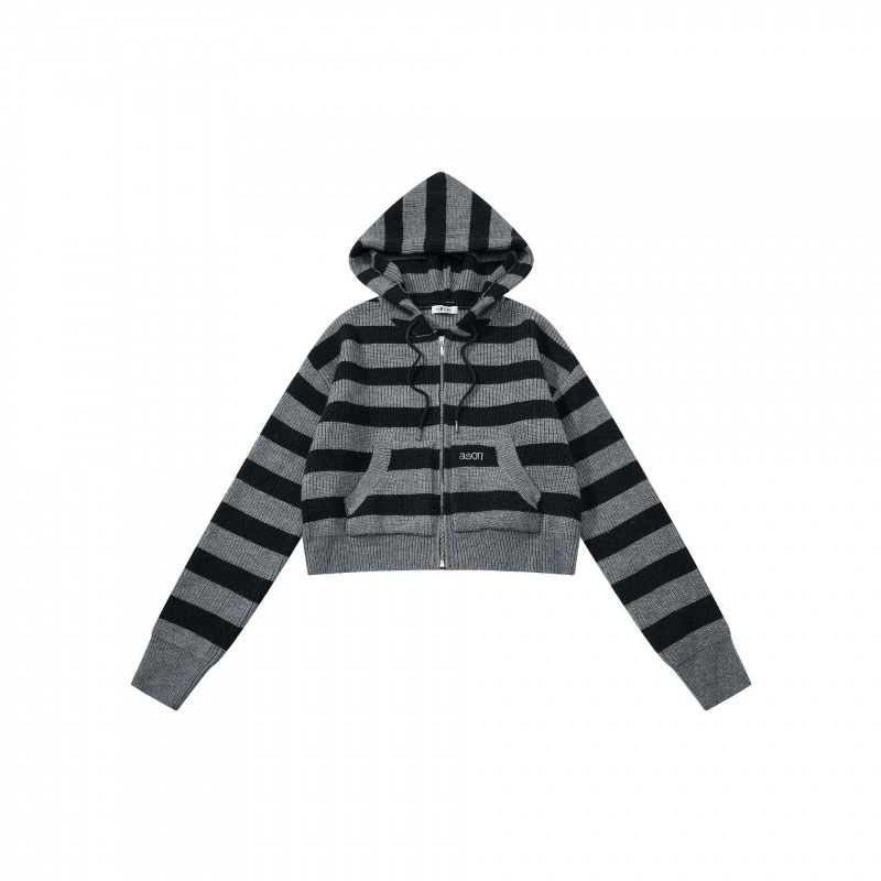 Cardigan tricotat pentru femei, cu glugă și fermoar – model cu dungi, croială scurtă (40–50 cm), amestec acrilic-bumbac, broderie