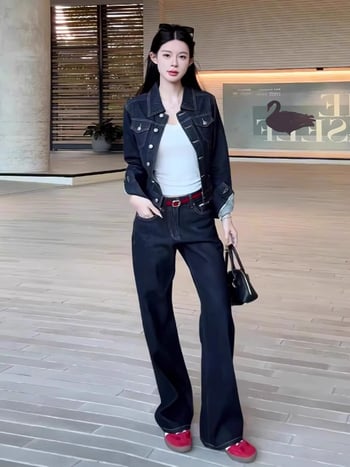 Női farmerdzseki hercegnői ujjas kivitelezeéssel, laza szabású, hosszú ujjú, polo gallér