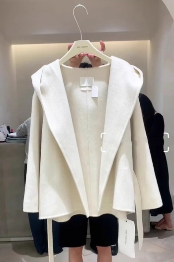 Damski vuneni kaput s kapuljom, kratki kroj, dvostrani kašmir, debeli materijal, sadržaj kašmira 30–50%, poliester