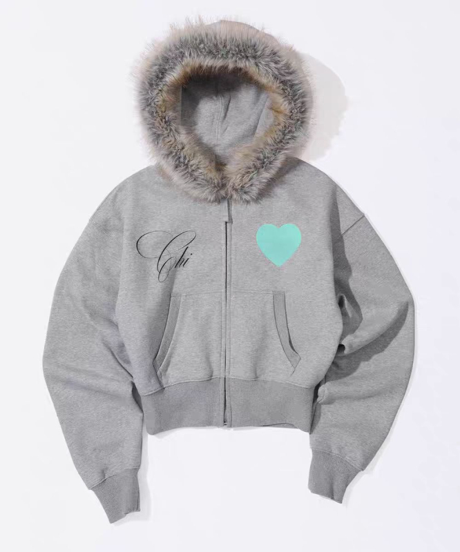 Pamut kapucnis cipzáros kabát, 3D patchwork, lazán szabott, közepes vastagságú