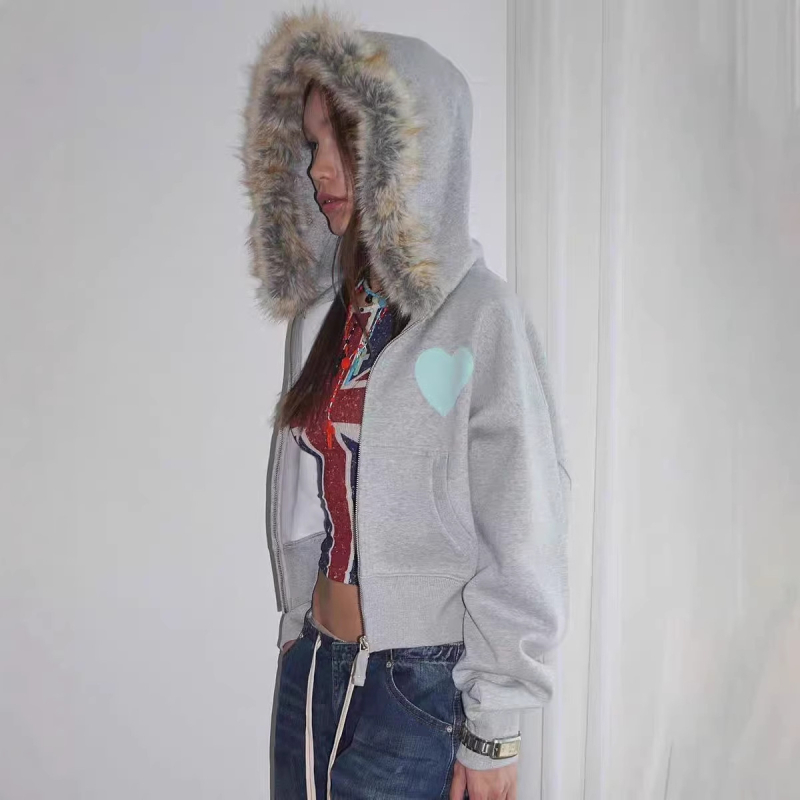 Pamut kapucnis cipzáros kabát, 3D patchwork, lazán szabott, közepes vastagságú