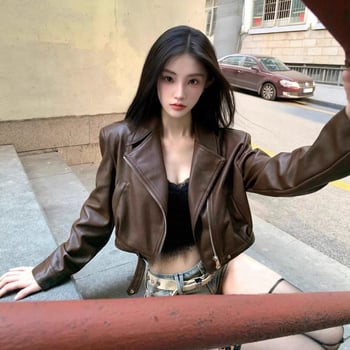 PU kožna jakna za motocikle, japansko-korejski casual stil, kratka duljina (40–50 cm), zatvarač na zip, PU + poliester materijal, jesen 2025
