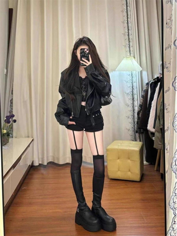 PU kožna jakna za motocikle, japansko-korejski casual stil, kratka duljina (40–50 cm), zatvarač na zip, PU + poliester materijal, jesen 2025