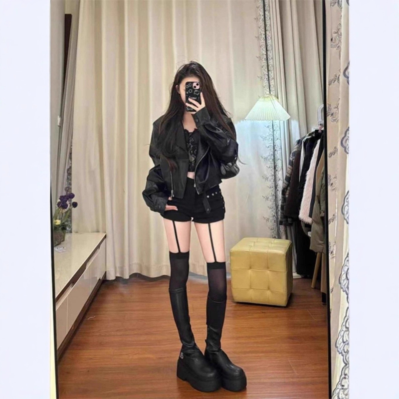 PU kožna jakna za motocikle, japansko-korejski casual stil, kratka duljina (40–50 cm), zatvarač na zip, PU + poliester materijal, jesen 2025