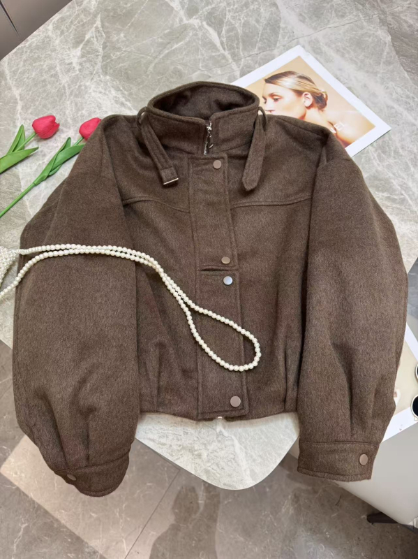Ženski vuneni kaput u korejskom stilu sa stojećim ovratnikom, ležernog kroja, dugi rukavi, džep, retro stil